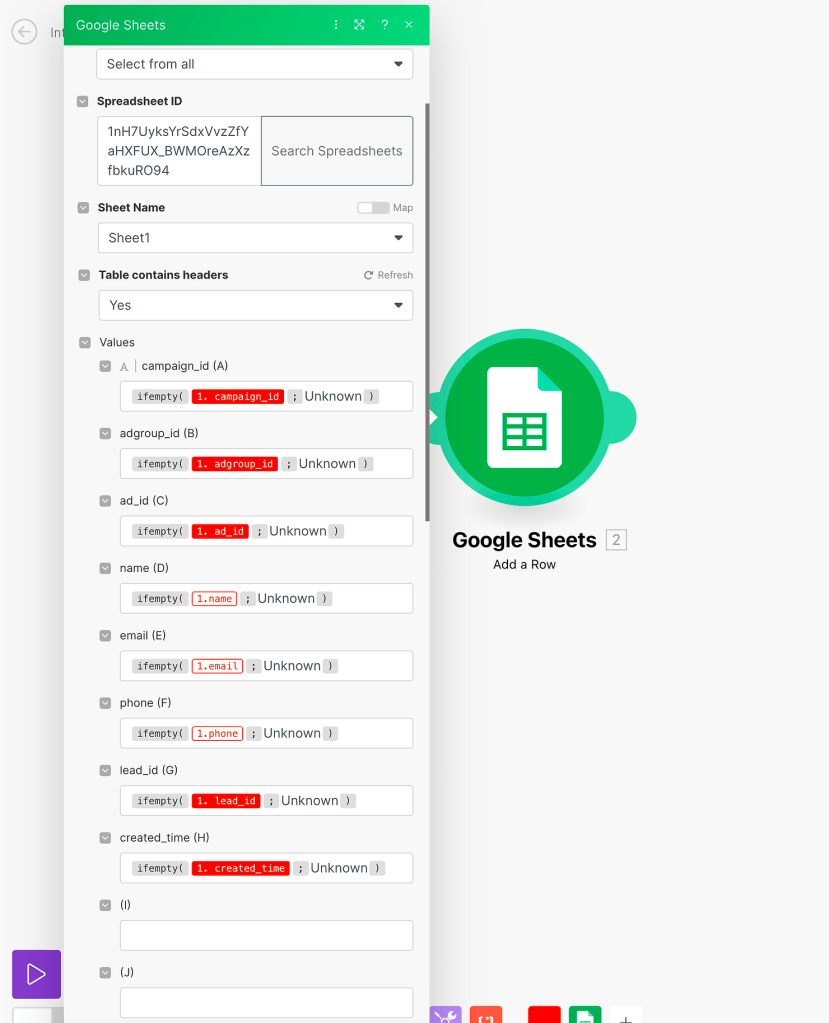 Mapping the data in Make, from Zapier to Google Sheets