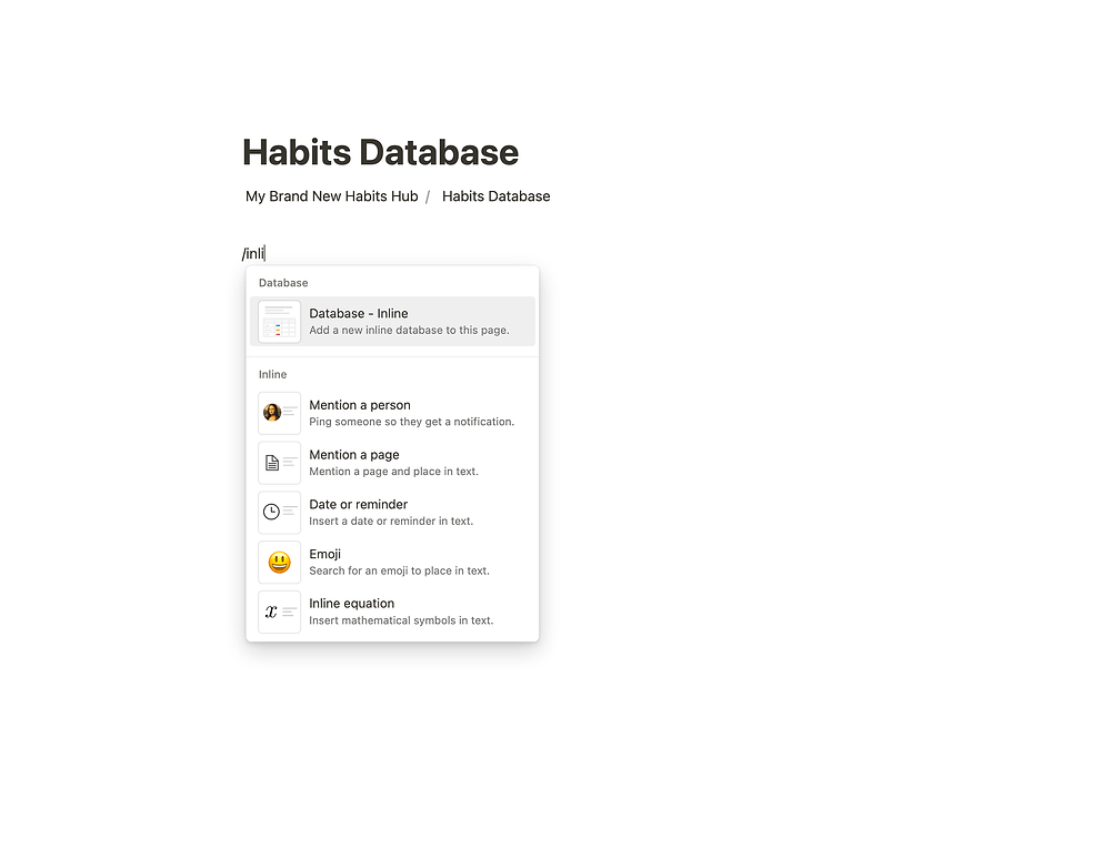 Add a new inline database in Notion