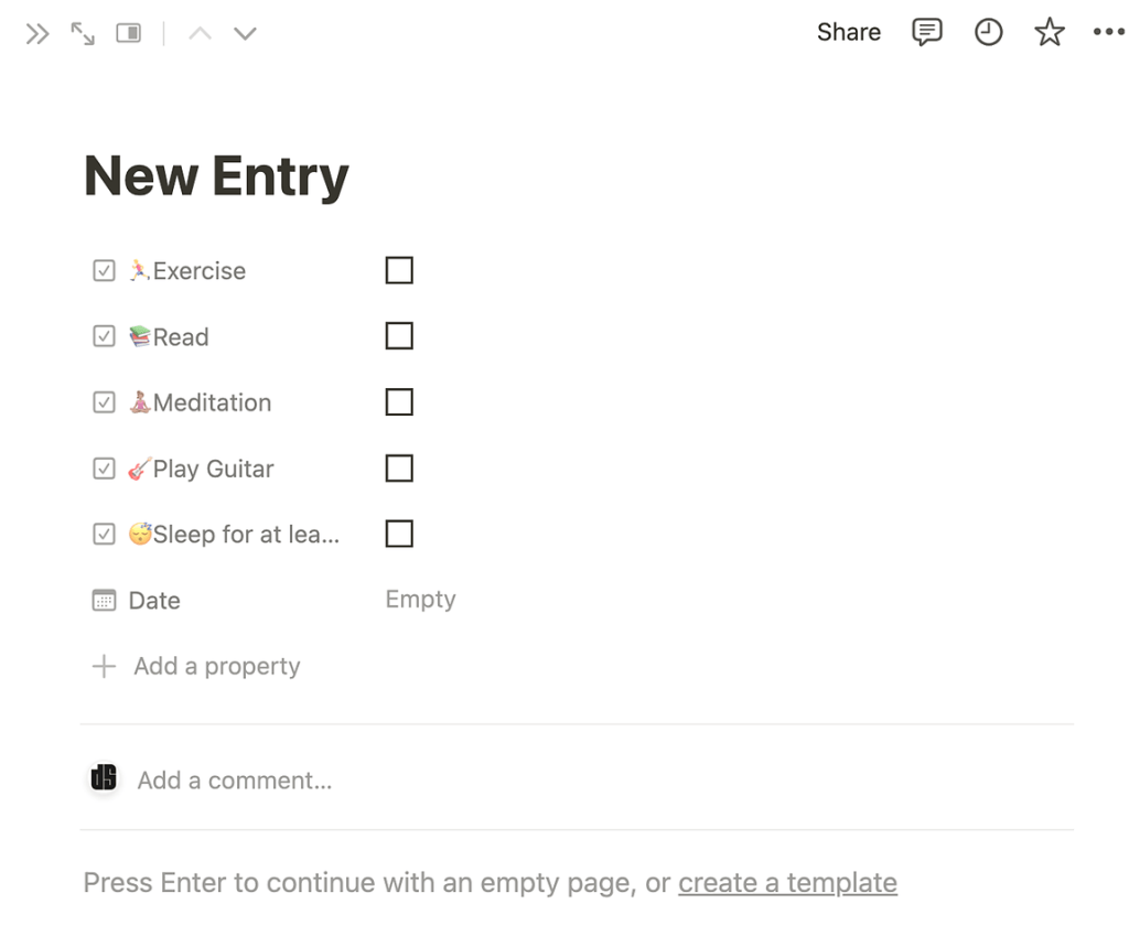 A new entry in the habits tracker in Notion