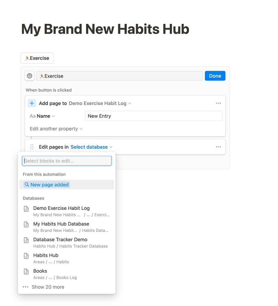 Adjusting the page's properties within the automation in Notion button