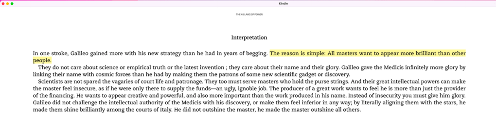 Highlights in Kindle app from the book “48 Laws of Power” by Robert Greene
