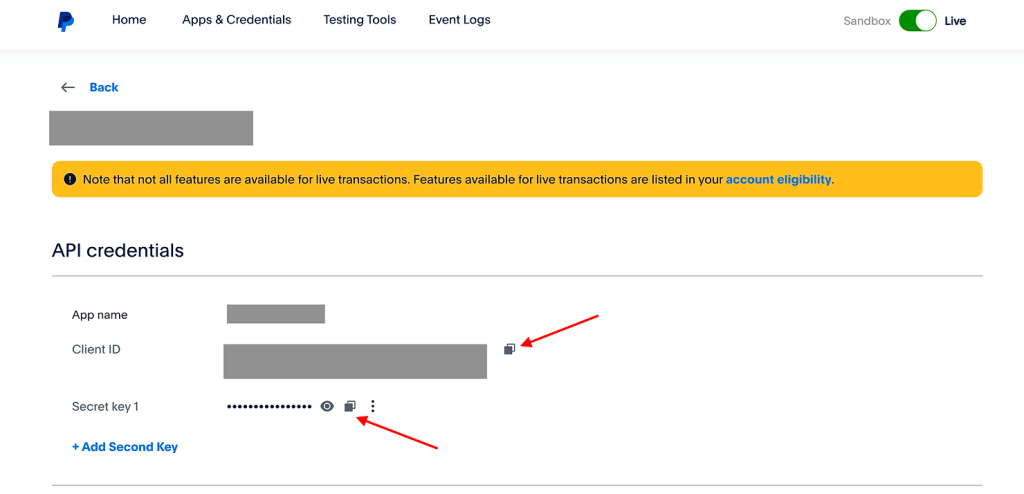 PayPal application credentials