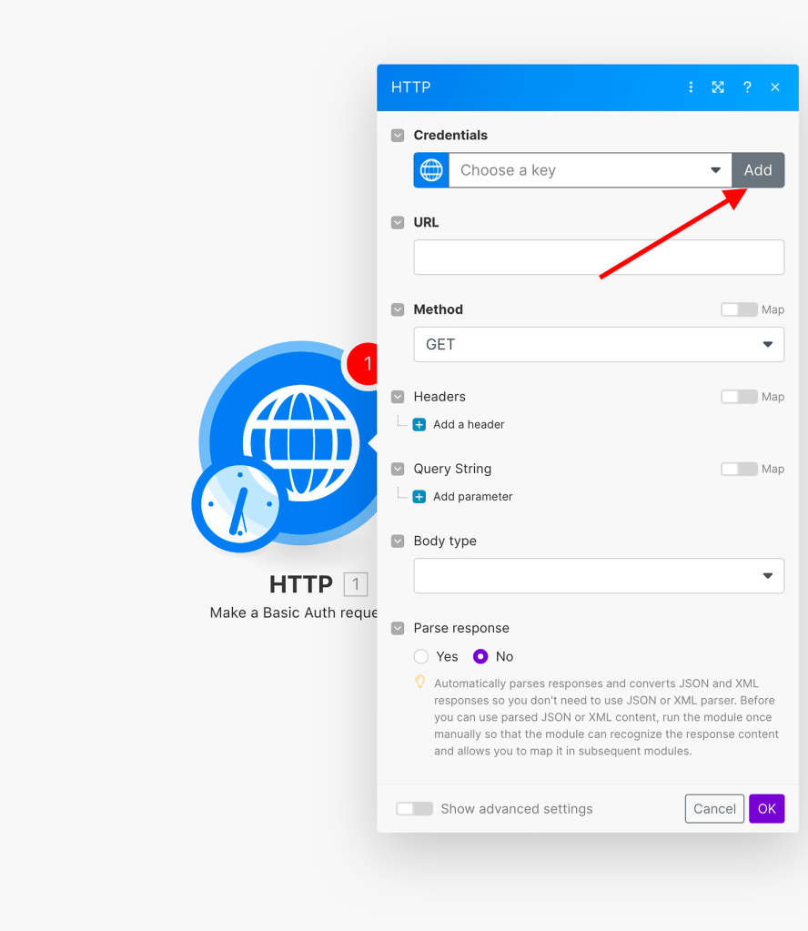Configure credentials for HTTP request in Make