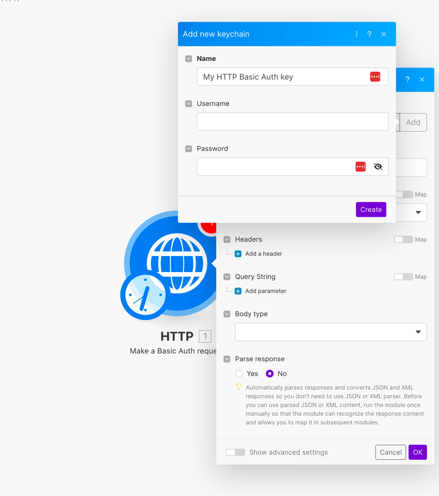 Configure credentials for HTTP request in Make