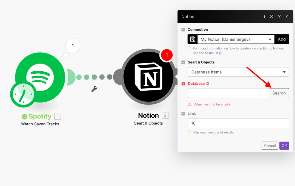 Connect Spotify and Notion with Make - search song in database