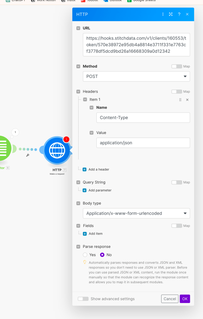 Adding the destination URL to Make scenario