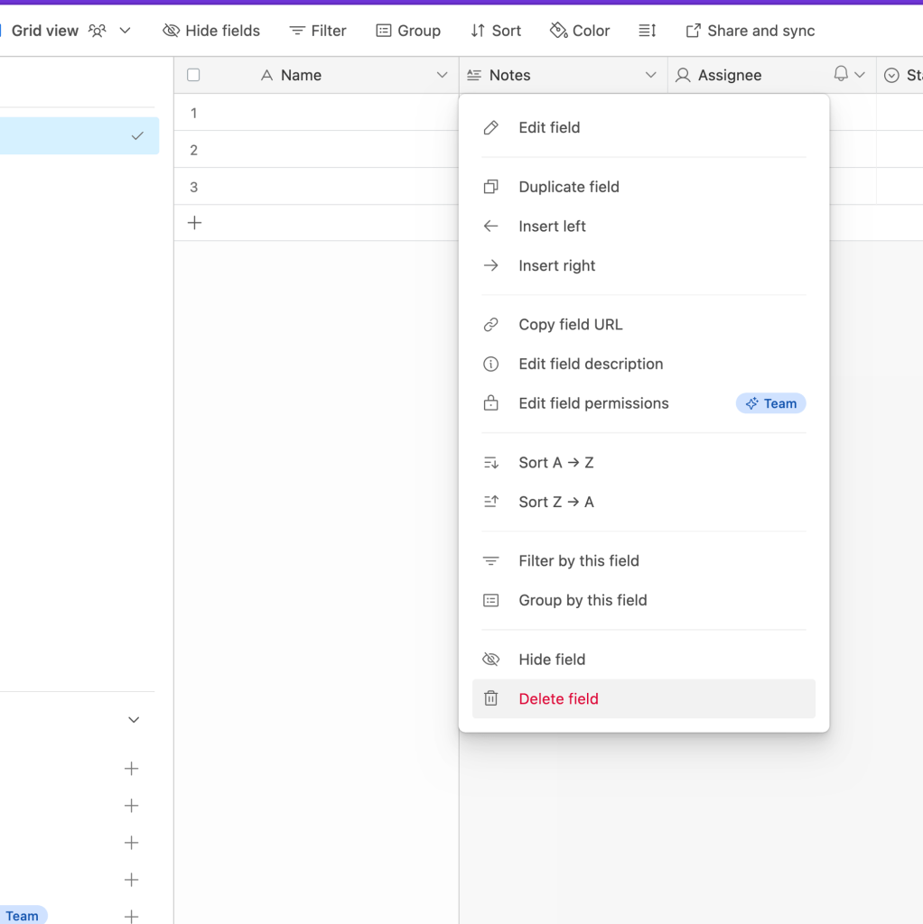 Deleting a column/field in an Airtable base