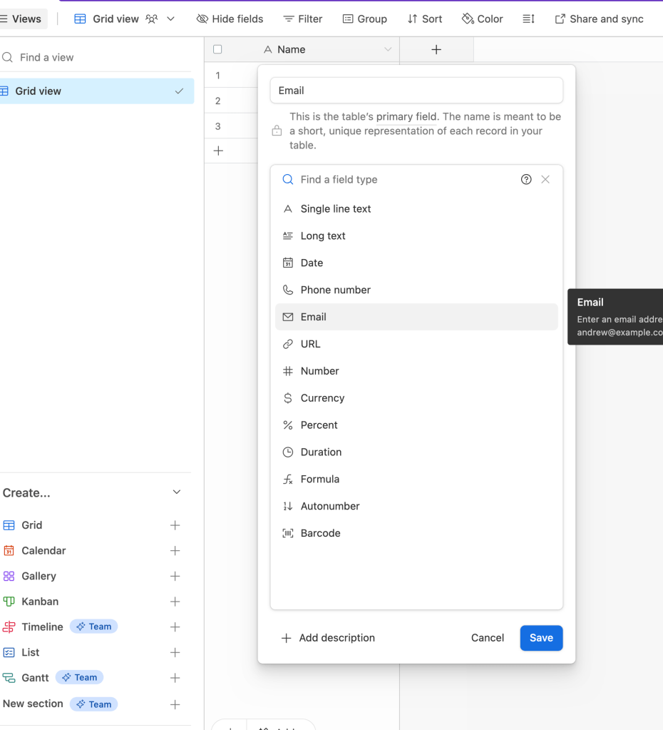 Set a column type to Email in Airtable