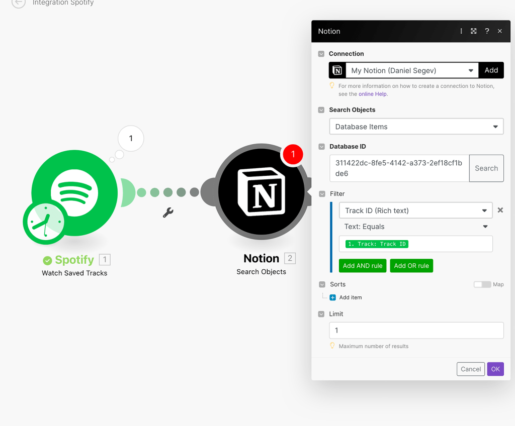 Connect Spotify and Notion with Make - search song in database