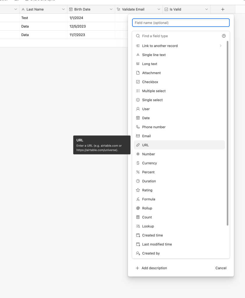 Adding a URL field to an Airtable base