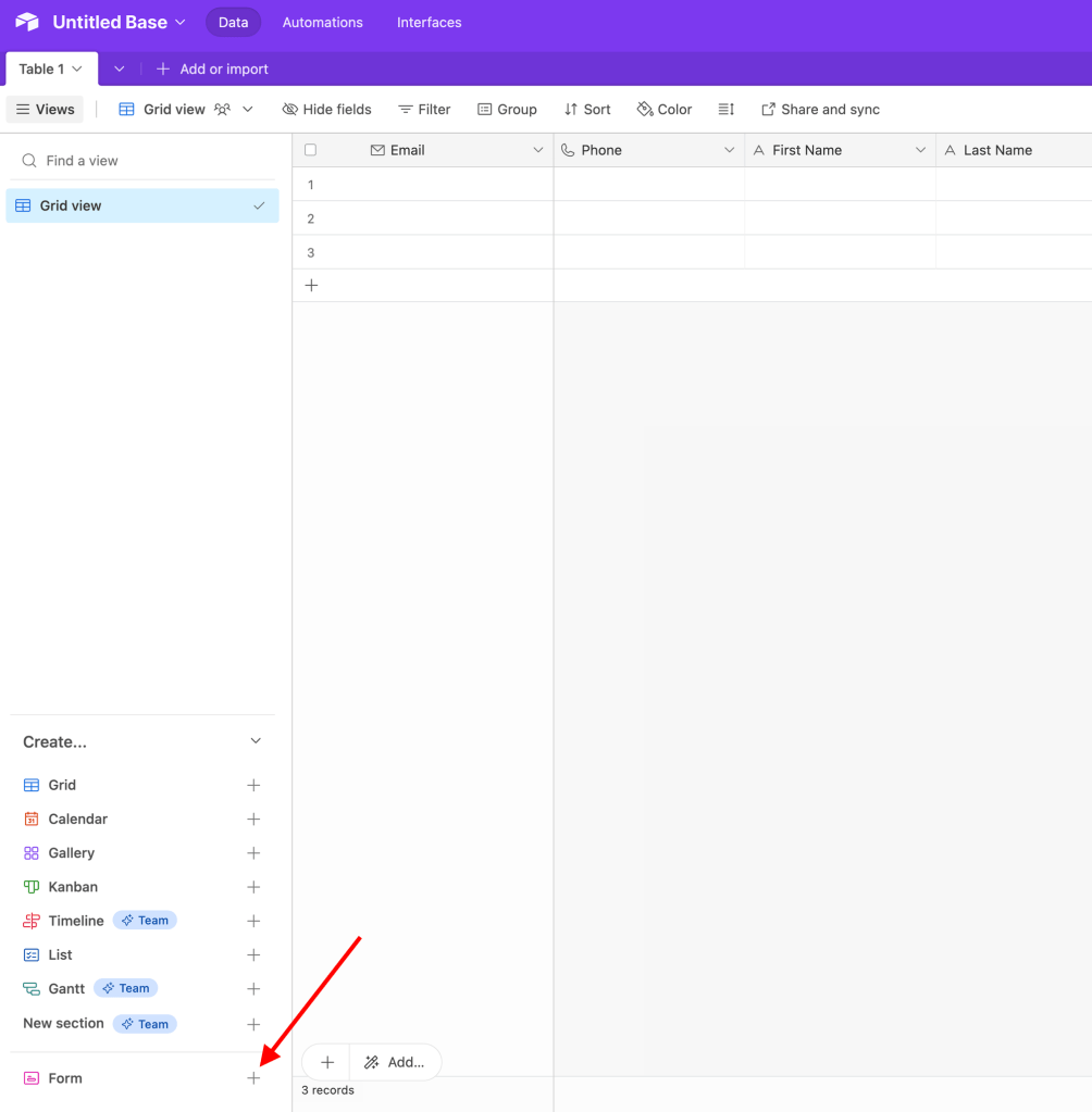 Adding a form view to an Airtable base
