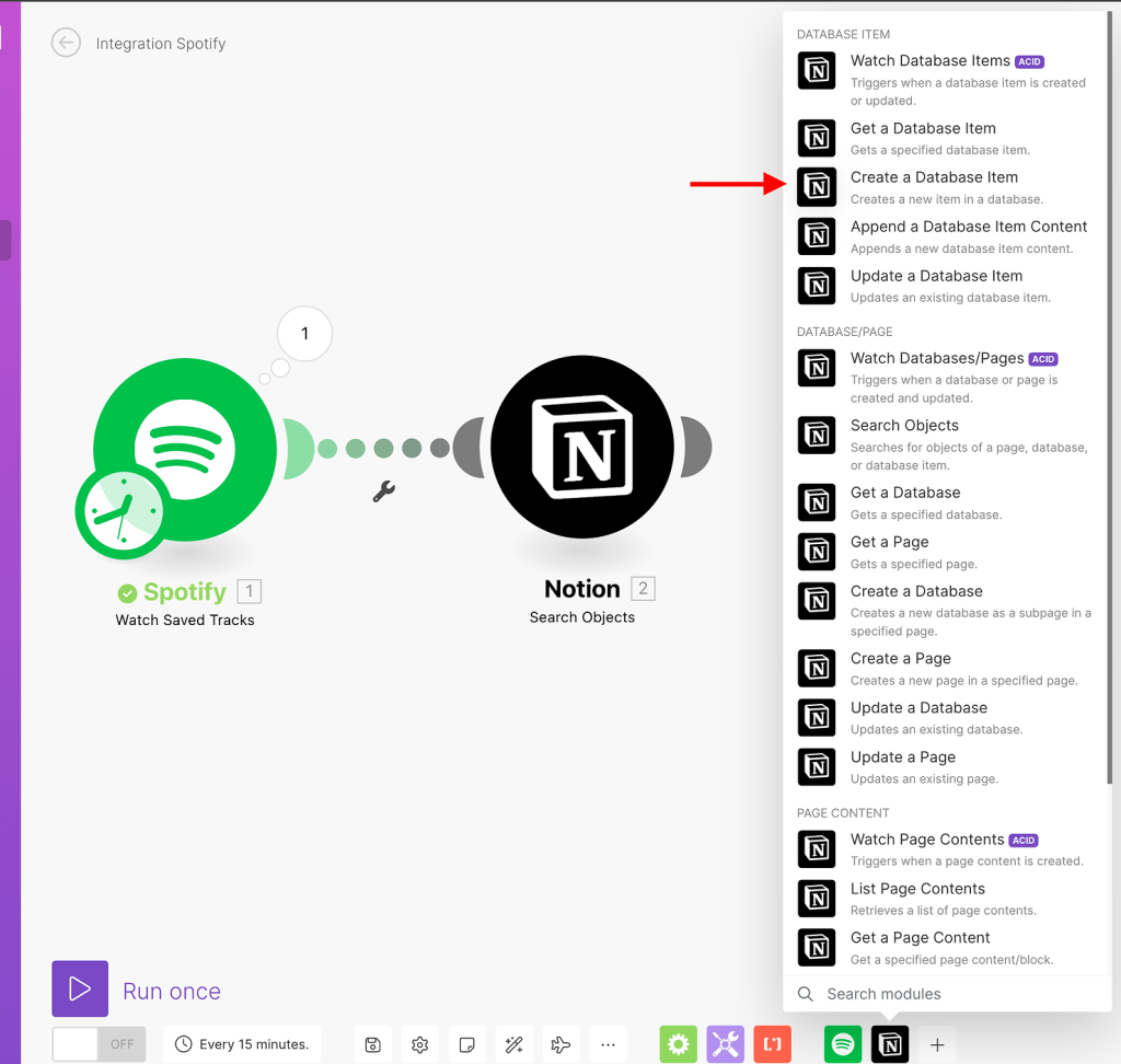 Connect Spotify and Notion with Make - create a new song in database