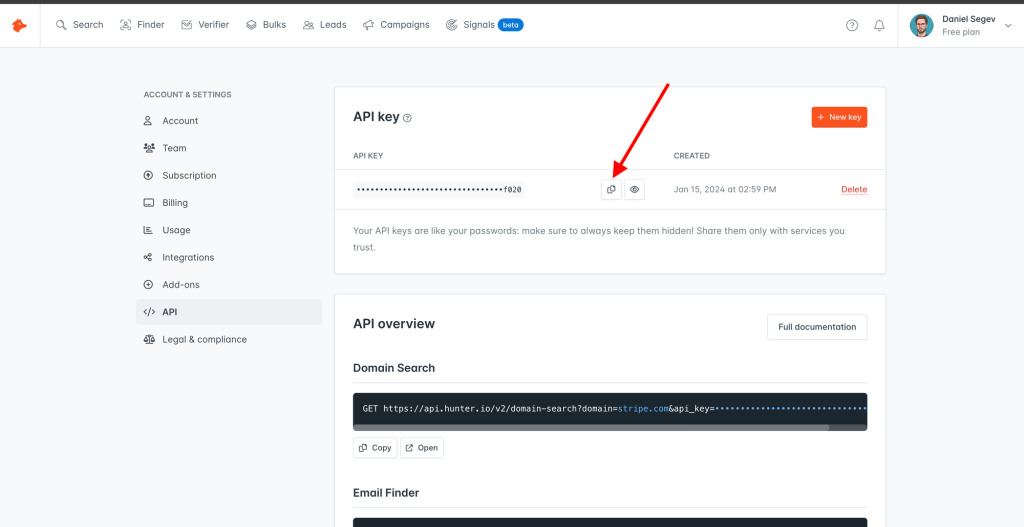 Grab Hunter.io API key from the account settings