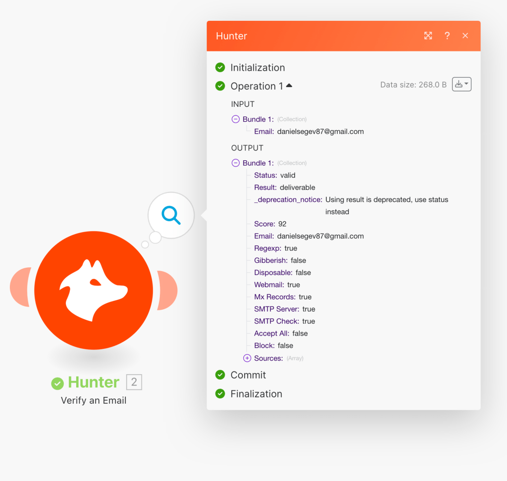 See Hunter.io module - validate an email - results on Make