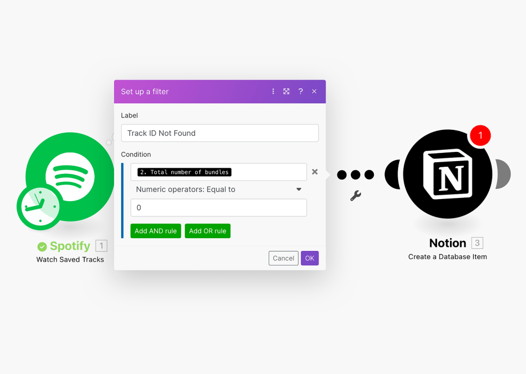 Connect Spotify and Notion with Make - configure a condition