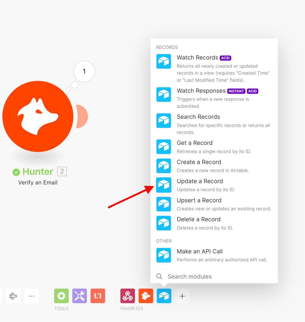 Adding Airtable module of "Update a Record" in a Make scenario