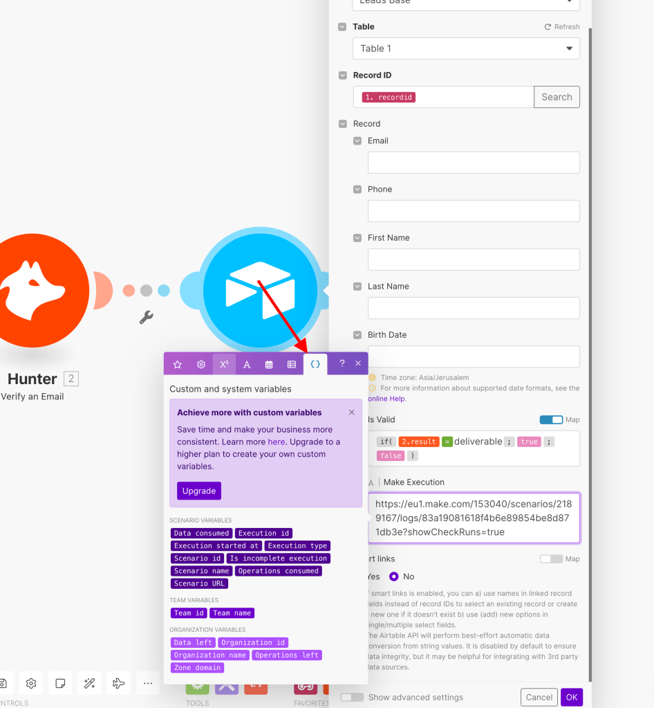 Using Make custom variables to generate the scenario, execution and organization IDs