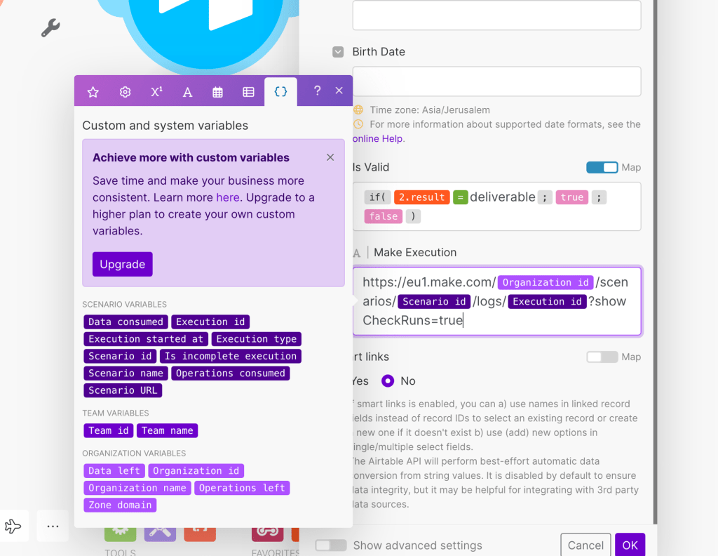 Using Make custom variables to generate the scenario, execution and organization IDs