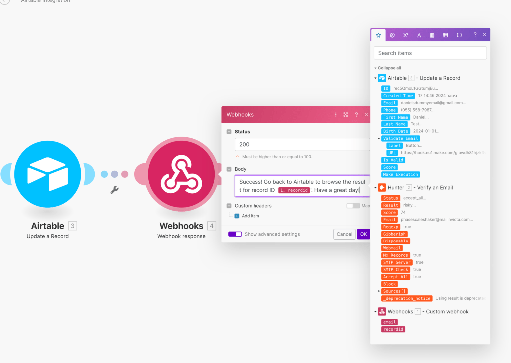 Defining the webhook response with static and dynamic text