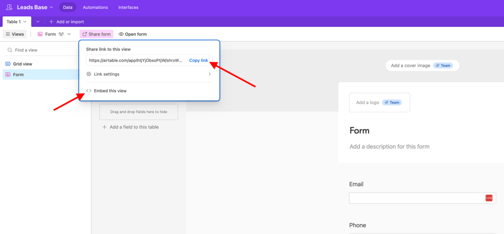 Sharing a form view in Airtable