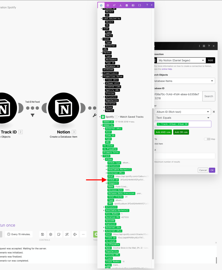 Connect Spotify and Notion with Make - search for album in database