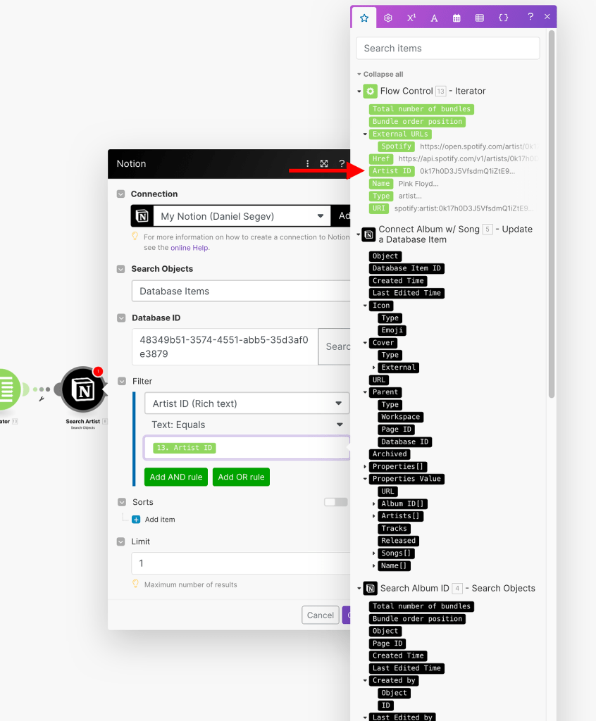 Connect Spotify and Notion with Make - search for artist in database