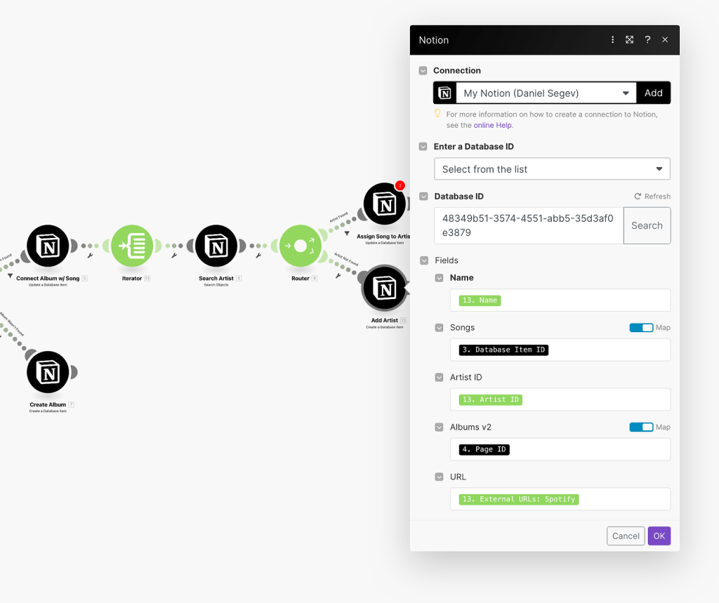 Connect Spotify and Notion with Make - add a new artist to database