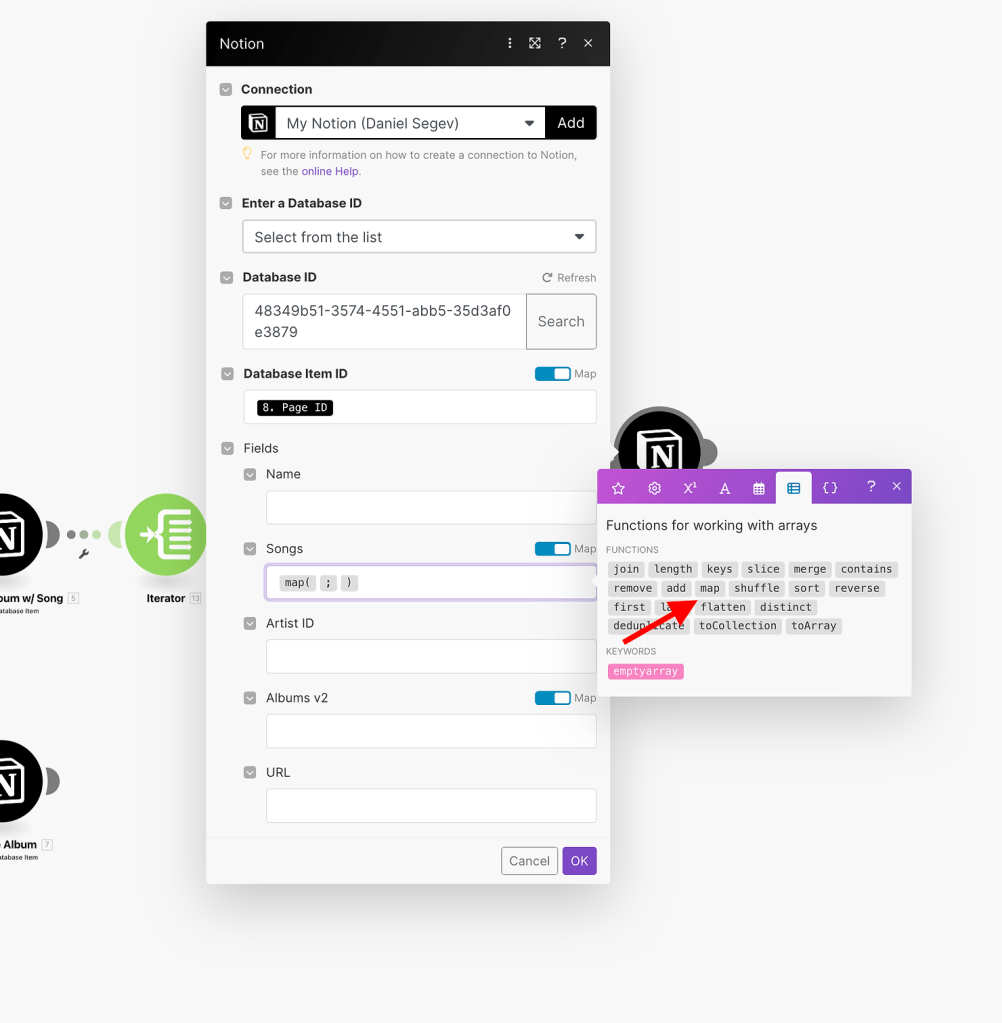 Connect Spotify and Notion with Make - use map function to fix array