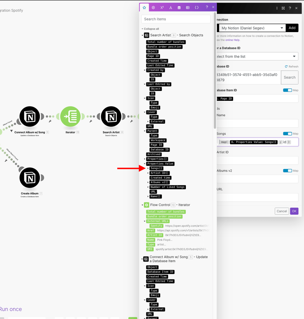 Connect Spotify and Notion with Make - use map function to fix array