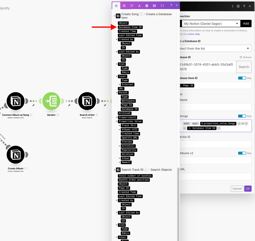 Connect Spotify and Notion with Make - adding a value to an array