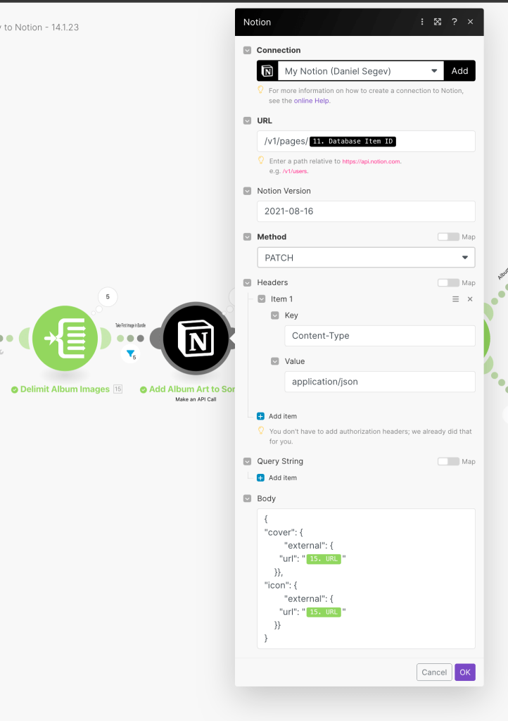 Connect Spotify and Notion with Make - make an API call to assign media art