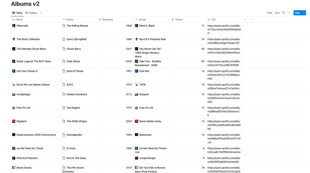 My albums database in Notion