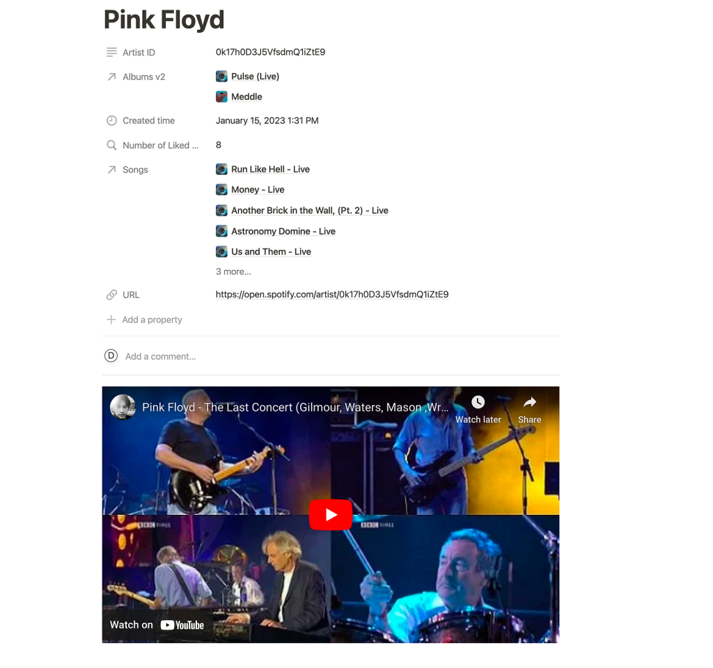 An artist page in Notion