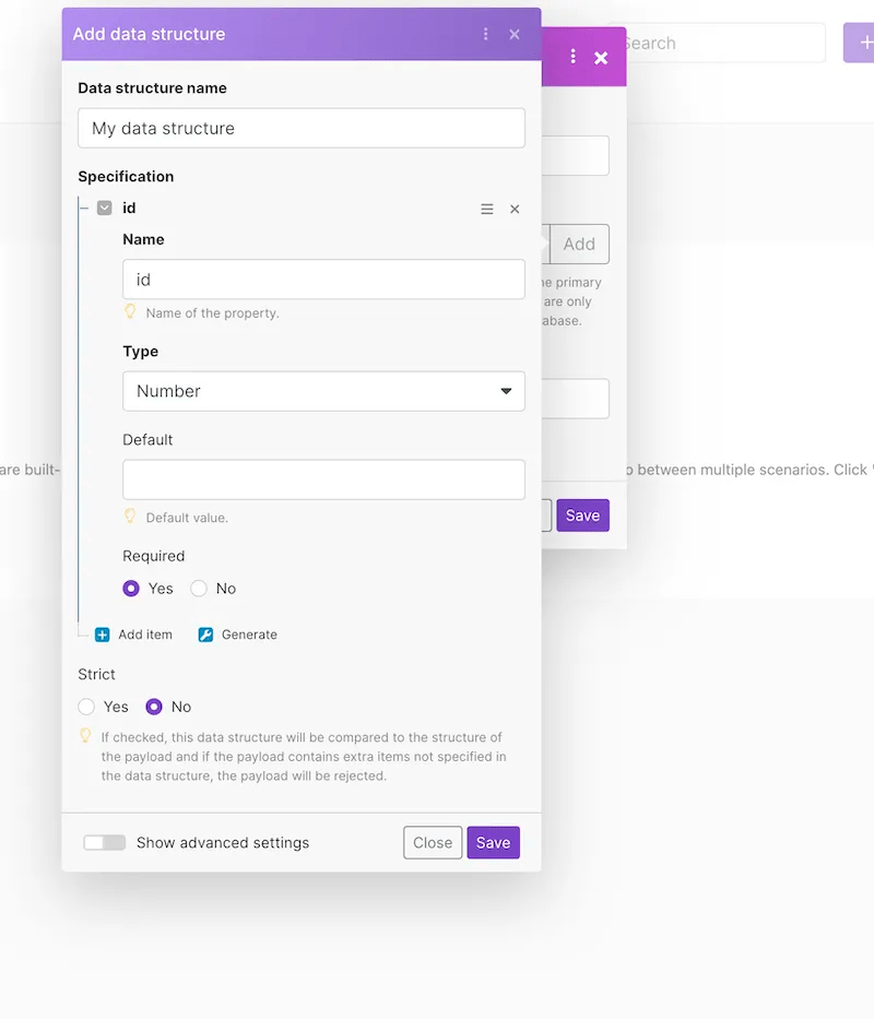 Defining data structure in a data store in Make