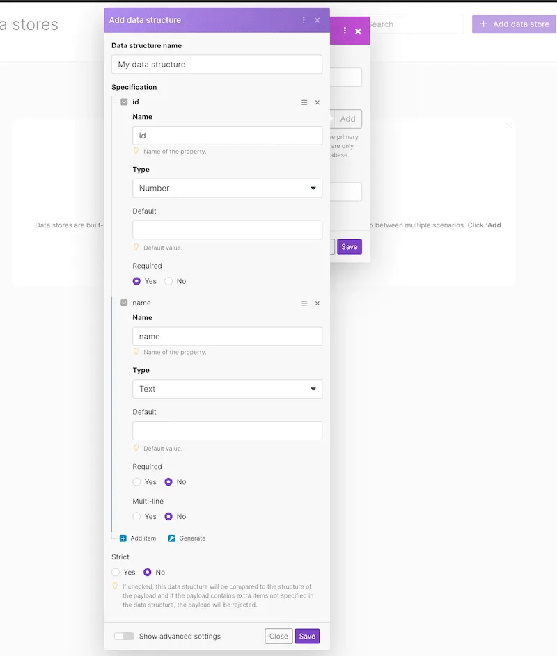 Defining data structure in a data store in Make