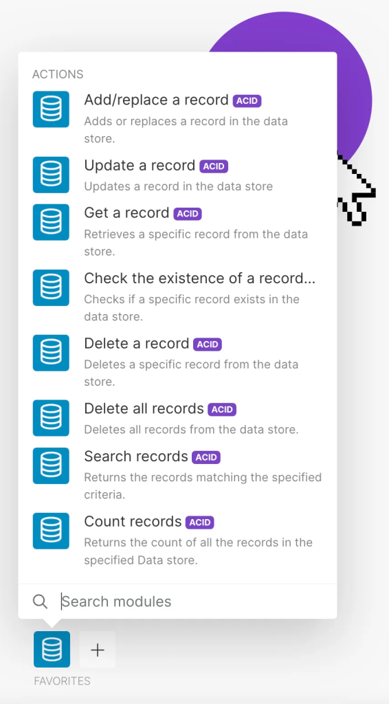 Data store's module actions in Make