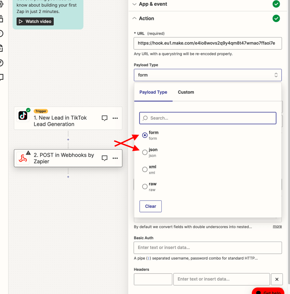 Finalizing Zapier's zap to send data via webhook to Make