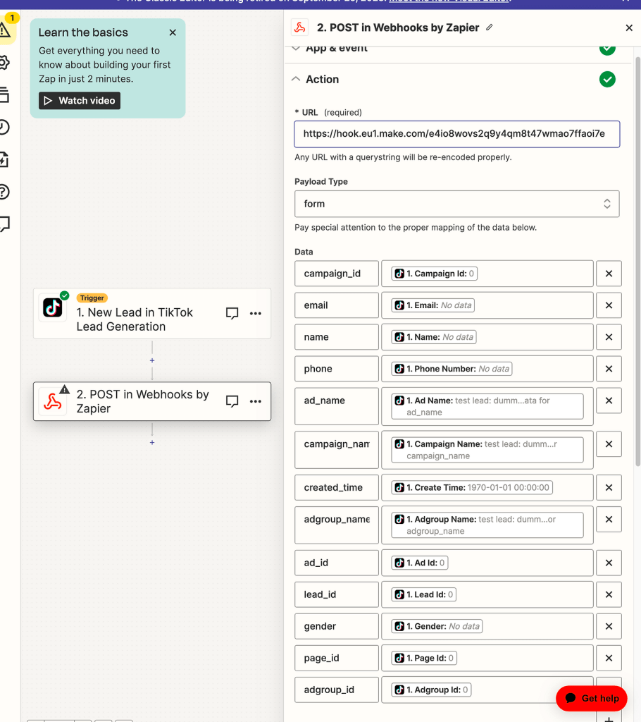 Mapping data from TikTok trigger to the webhook's payload in Zapier