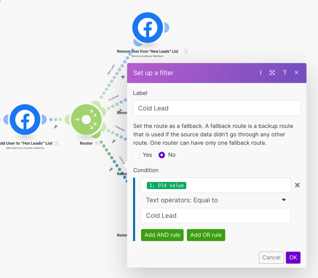 Configuring filters for all routes in Make scenario